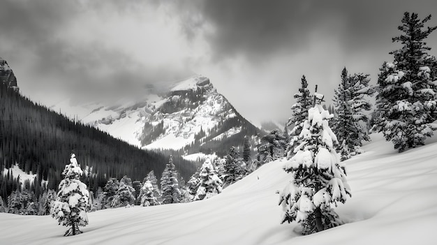 paesaggio bianco e nero sullo sfondo di montagna