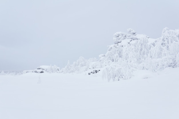 Paesaggio bianco un altopiano roccioso coperto di neve profonda sotto un cielo invernale