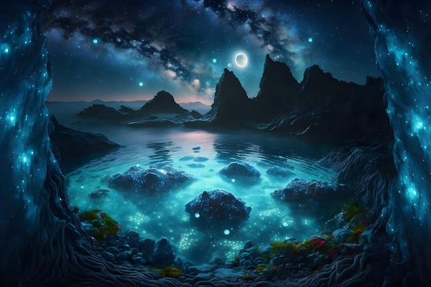 Paesaggio Bioluminescenza plancton incandescente in acqua fantasia alghe luminescenti nel lago di montagna di notte scena straordinariamente bella Stelle riflesse nell'acqua 3d illustrazione