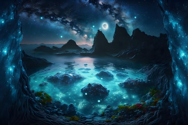Paesaggio Bioluminescenza plancton incandescente in acqua fantasia alghe luminescenti nel lago di montagna di notte scena straordinariamente bella Stelle riflesse nell'acqua