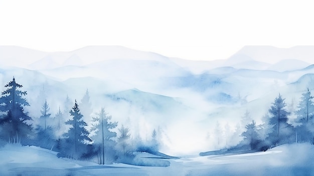 Paesaggio blu della collina invernale della foresta nebbiosa La natura selvaggia ha congelato lo sfondo dell'acquerello della taiga nebbiosa
