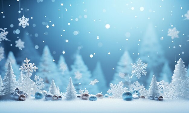 Paesaggio boschivo innevato d'inverno con ornamenti di Natale sullo sfondo Scena del cielo notturno della caduta della neve