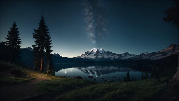 Paesaggio buio alberi notte stellata stelle galassia nel cielo