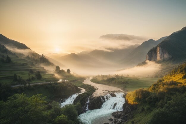 Paesaggio calmo di serenità mattutina nebbiosa con catena montuosa e fiume all'alba