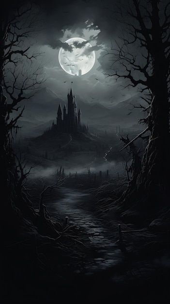 paesaggio castello mezzo foresta luna piena grigio deserto inquietante gotham che scorre potere più oscurità