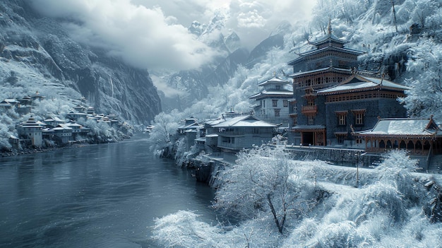 Paesaggio cinese con un tempio buddista