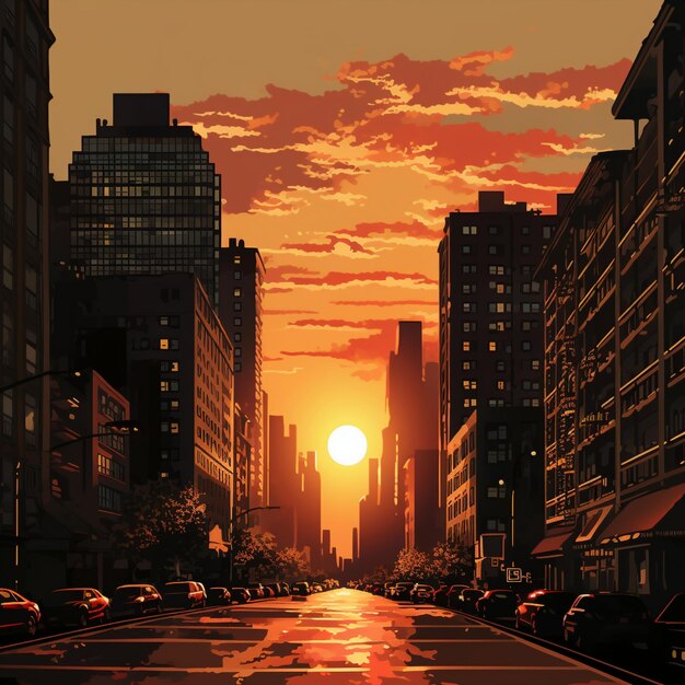 Paesaggio cittadino al tramonto con silhouette di edifici