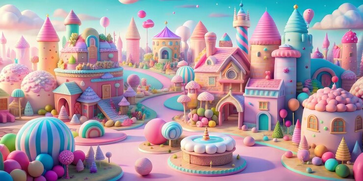 Paesaggio cittadino colorato con edifici vivaci e dolci come un allegro paese delle meraviglie delle caramelle