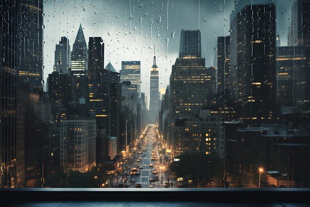 Paesaggio cittadino con gocce di pioggia su una facciata di vetro