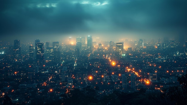 Paesaggio cittadino con luci stradali scintillanti di notte
