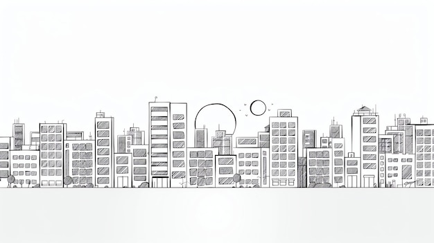 Paesaggio cittadino con vari edifici e un sole brillante sullo sfondo L'immagine è disegnata in uno stile semplice e schettico