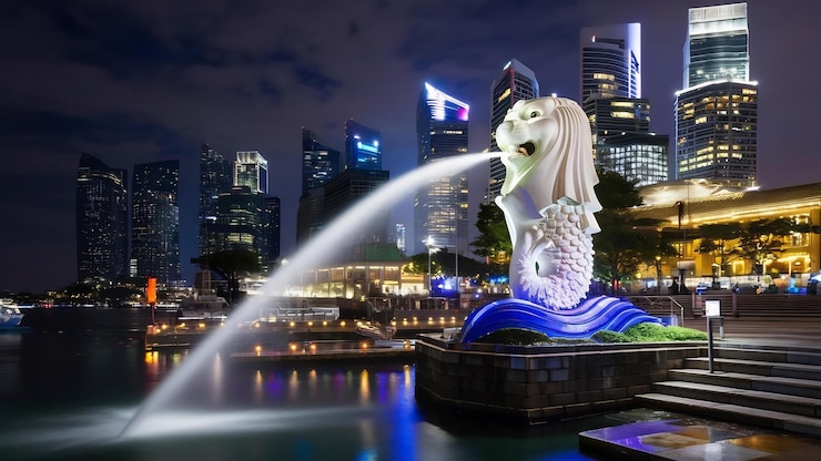Foto paesaggio cittadino di merlion e marina bay
