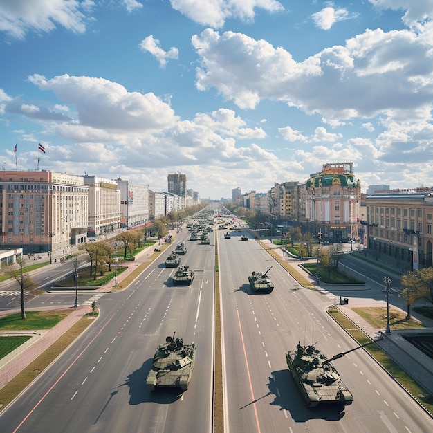 Paesaggio cittadino di Minsk Parata del giorno della vittoria Scena stradale dei carri armati