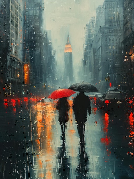Paesaggio cittadino di un giorno di pioggia con ombrelli sfocati e pedoni