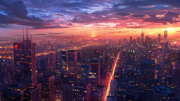 Paesaggio cittadino dinamico al tramonto con luci vibranti La città prende vita al tramondo con un dinamico