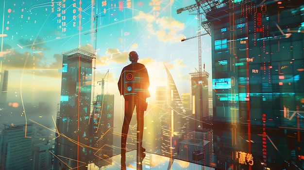 Paesaggio cittadino futuristico con figura a silhouette che si affaccia sullo skyline urbano al tramonto Mondo distopico tono cinematografico Tema sci-fi AI