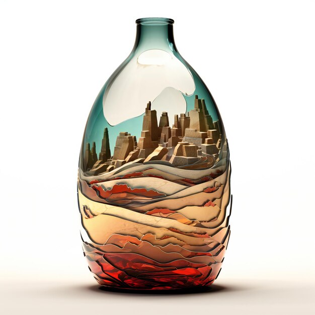 Paesaggio cittadino in bottiglia di vetro su sfondo bianco