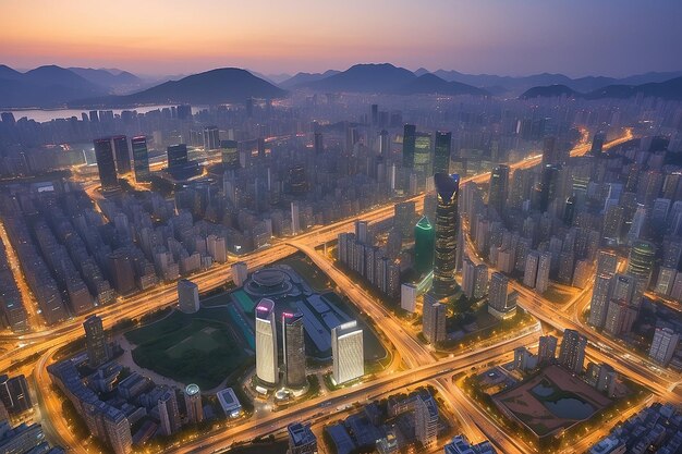 Paesaggio cittadino notturno di Yeouido Seoul al tramonto