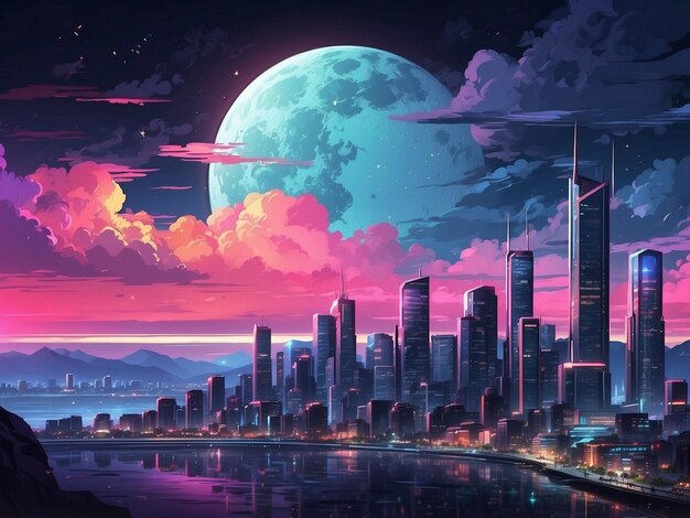 paesaggio cittadino notturno in anime neo stile croccante neon colori piatti cielo notturno con una grande luna lucente e nuvole con grattacieli