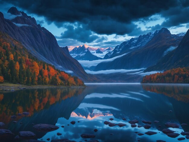 Paesaggio coinvolgente un pittoresco lago circondato da vivaci alberi autunnali e maestose montagne sotto un drammatico cielo nuvoloso