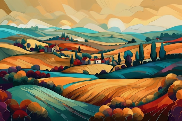 Paesaggio colorato con una casa e una casa in mezzo alle colline.