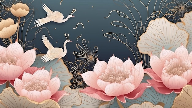 Paesaggio colorato e lussuoso con fiori e uccelli orientali Toni rosa IA generativa
