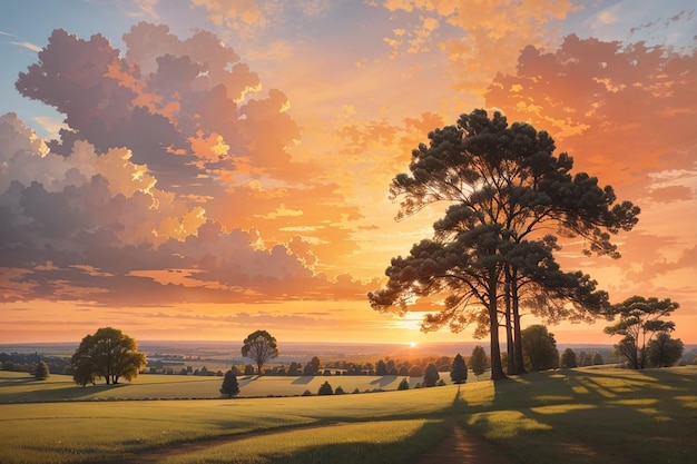 Paesaggio con alberi contro un cielo al tramonto