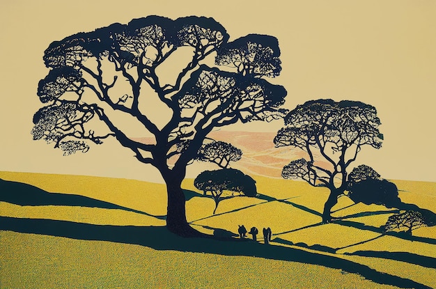 Paesaggio con alberi silhouette, parco al tramonto o all'alba, campagna, illustrazione