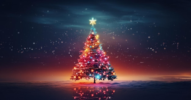 Paesaggio con albero di Natale decorato con luci colorate concetto di vacanze AI generativa