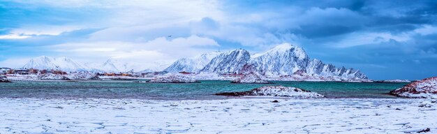 Paesaggio con bellissimo mare invernale e montagne innevate alle Isole Lofoten nella Norvegia settentrionale Vista panoramica