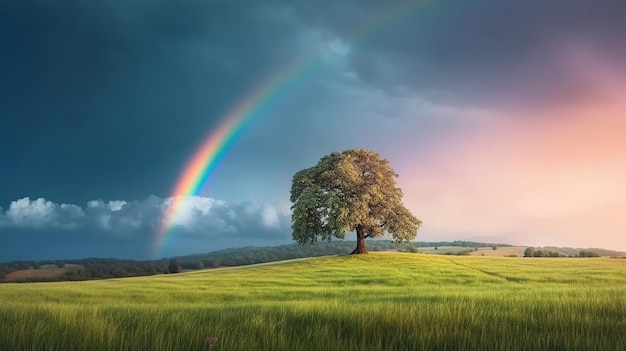 Paesaggio con campo di erba verde e albero solitario Incredibile immagine generata dall'IA dell'arcobaleno