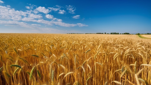 Paesaggio con campo di grano dorato e giornata di sole sotto il cielo blu campagna rurale generativa AI