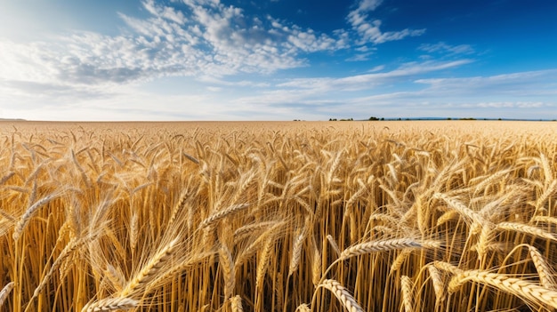 Paesaggio con campo di grano dorato e giornata di sole sotto il cielo blu campagna rurale generativa AI