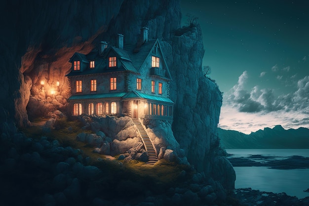 paesaggio con castello di notte.