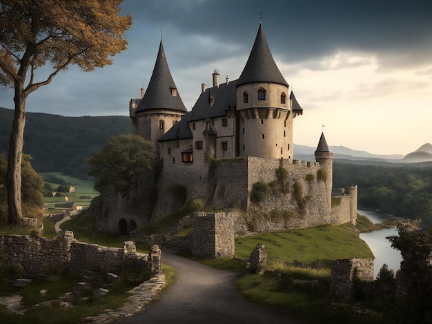 Paesaggio con castello medievale e taverna ai generati