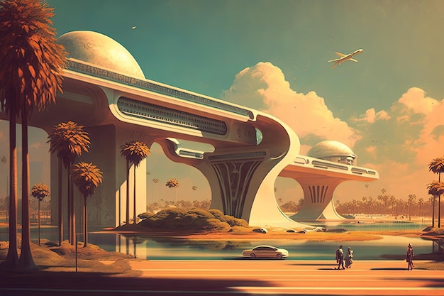 Paesaggio con città futuristica su un pianeta sconosciuto IA generativa