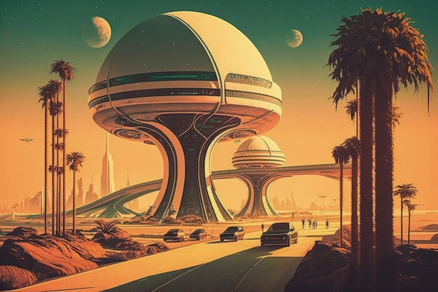 Paesaggio con città futuristica su un pianeta sconosciuto IA generativa