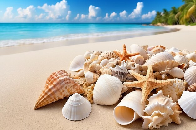 Paesaggio con conchiglie di mare in vacanza estiva sulla spiaggia tropicale