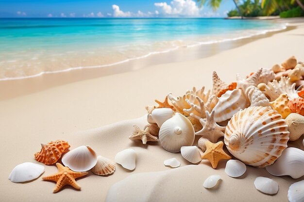 Paesaggio con conchiglie di mare in vacanza estiva sulla spiaggia tropicale