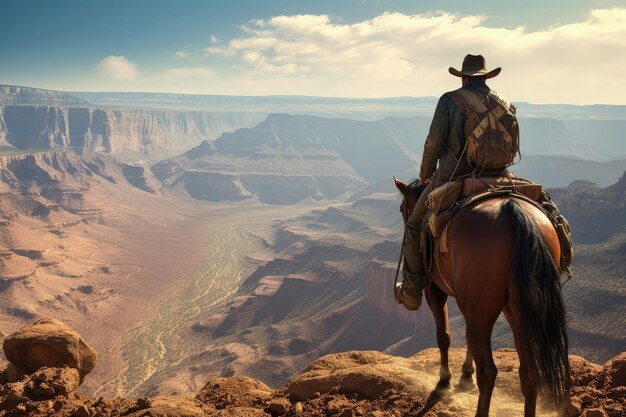 Paesaggio con cowboy a cavallo canions in background vecchio concetto di West IA generativa