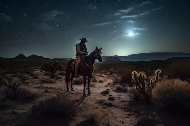 Paesaggio con cowboy della Via Lattea con la sua rete neurale a cavallo generata