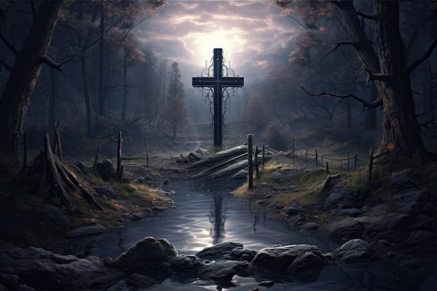 Paesaggio con croce di legno concetto di cristianesimo e spiritualità IA generativa