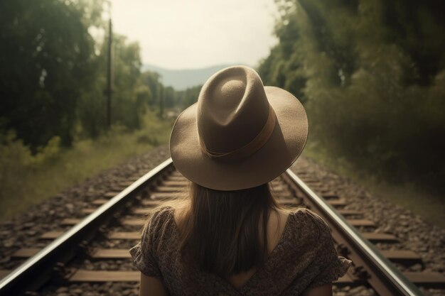 Paesaggio con donna di spalle con cappello e binari del treno IA generativa