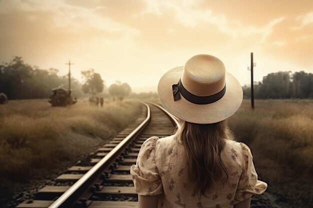 Paesaggio con donna di spalle con cappello e binari del treno IA generativa