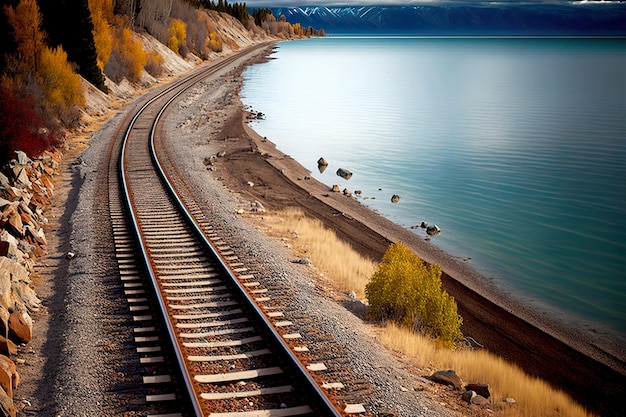 Paesaggio con ferrovie lacustri e montane che si estendono in lontananza