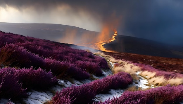 Paesaggio con fiori viola con una montagna in fiamme sullo sfondo