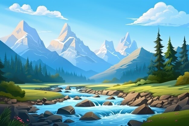 paesaggio con fiume e montagne al mattino illustrazione di cartoni animati 3D
