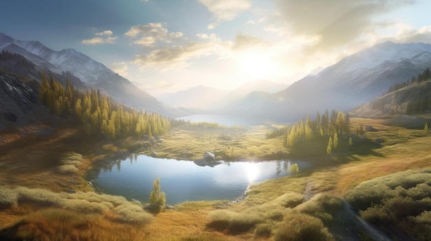 Paesaggio con foresta di montagne e uno splendido scenario fluviale IA generativa