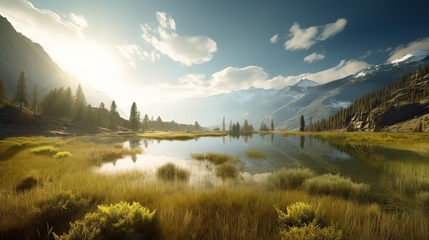 Paesaggio con foresta di montagne e uno splendido scenario fluviale IA generativa