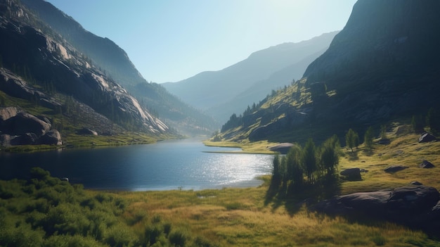 Paesaggio con foresta di montagne e uno splendido scenario fluviale IA generativa